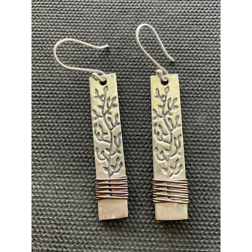 vintage Mexican sterling silver dangle earrings Vine Pattern Copper Wire Accent